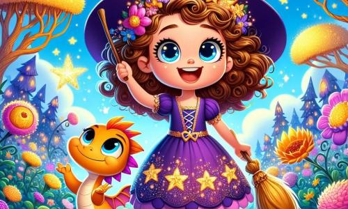 Au centre de l'image, une petite sorcière nommée Clara, six ans, sourit émerveillée. Elle a de longs cheveux bouclés et porte une robe violette ornée d'étoiles dorées. Clara tient un balai magique et un pétale de rose dorée, ses yeux pétillants de joie. À ses côtés, un petit dragon nommé Flamme, aux écailles orange vif et ailes brillantes, vole joyeusement. Leur environnement est un jardin magique avec des fleurs colorées et des arbres aux troncs dorés, sous un ciel bleu parsemé de nuages. Clara et Flamme célèbrent la découverte du pétale de rose dorée, entourés d'une aura de magie scintillante.