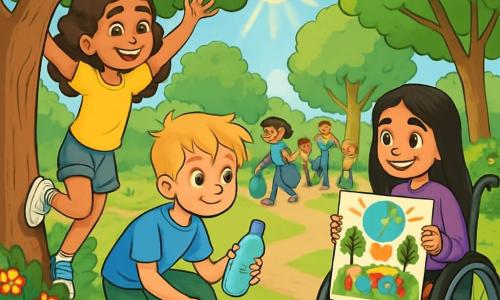 Trois personnages sont présents : Léa, une fille de 10 ans avec des cheveux bouclés et bruns, souriante en grimpant à un arbre ; Tom, un garçon de 9 ans aux cheveux blonds en bataille, accroupi près d'un buisson avec une bouteille en plastique ; et Samira, une fille de 11 ans dans son fauteuil roulant, tenant une affiche sur la protection de l'environnement, entourée d'enfants attentifs. L'action se déroule dans un parc verdoyant, où les amis et d'autres enfants nettoient ensemble, créant une atmosphère joyeuse et dynamique.