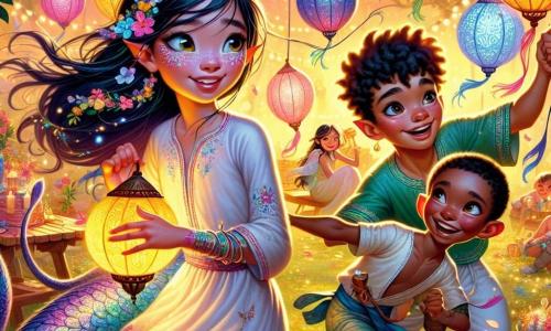 Louna, une jeune fille aux yeux pétillants et à la peau couverte de minuscules écailles irisées, sourit en tenant un lampion coloré. Elle porte une tunique estivale légère ornée de fleurs, et sa queue souple ajoute une touche magique à son apparence. À ses côtés, Éliot, un garçon aux oreilles pointues et à la peau légèrement brillante, rit en tenant un cerf-volant coloré, ses cheveux flottant au vent. Malo, son petit frère avec des joues roses et des yeux brillants, court en tenant un trésor trouvé lors de la chasse au trésor. Le décor est un jardin enchanteur rempli de lampions illuminés, de nappes fleuries et de guirlandes de fleurs. La scène est baignée d'une lumière dorée, créant une atmosphère festive. Louna, Éliot et Malo préparent une grande fête d'été, célébrant l'amitié et la créativité sous un ciel bleu éclatant.