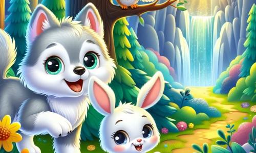 Un loup nommé Loulou, au pelage doux et argenté, se tient au centre de la scène, souriant avec enthousiasme. À ses côtés, un petit lapin blanc nommé Petit saute joyeusement, tandis qu'une chouette aux plumes brunes et dorées les observe. La scène se déroule dans une forêt magique avec des arbres colorés et des fleurs brillantes sous le soleil. Loulou, Petit et Hoot découvrent une grotte mystérieuse, entourée de pierres scintillantes, prêts à entrer, remplis d'excitation.