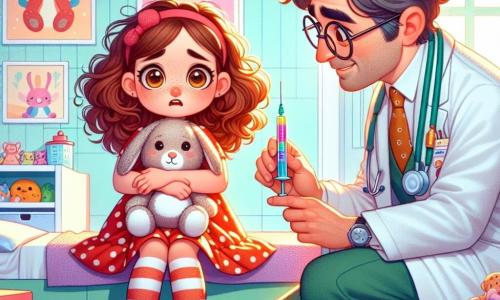 Zoé, une petite fille de 8 ans aux cheveux châtains et bouclés, porte une robe à pois rouges et des chaussettes rayées. Son visage montre une légère appréhension, elle serre son doudou lapin contre elle. À côté, le docteur Martin, un homme d’environ 40 ans en blouse blanche à motifs d'animaux, s'accroupit pour lui parler, tenant une seringue colorée. La scène se déroule dans un cabinet médical lumineux aux murs bleu pastel, avec des affiches d'animaux et des jouets colorés. Zoé, hésitante, se prépare à recevoir une piqûre, mais écoute le docteur qui lui raconte une blague pour la rassurer, créant une atmosphère chaleureuse et apaisante.