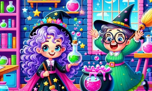 Zouzou, une jeune sorcière aux cheveux bouclés et violets, porte une robe noire ornée d'étoiles scintillantes. Elle sourit malicieusement en tenant une potion pétillante. À côté d'elle, madame Cornichon, la directrice de l'école, glisse sur un balai dans une pose comique, prête à tomber dans un chaudron à gelée rose. Le décor est une salle de classe magique avec des murs en briques colorées et des étagères remplies de livres de sorts. Zouzou rit aux éclats tandis que les balais dansent autour d'elles, ajoutant une touche d'humour à cette scène ensorcelante.