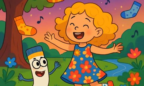 Une petite fille de 8 ans, Zoé, aux cheveux bouclés et dorés, porte une robe à fleurs et des chaussettes à pois multicolores. Elle danse joyeusement sous un vieux chêne, accompagnée de Pipo, une chaussette animée qui fait des pirouettes. Le jardin enchanté, éclairé par la lumière du crépuscule, est rempli de fleurs colorées et d'une rivière scintillante. La scène montre Zoé et Pipo dansant ensemble, entourés de chaussettes dansantes, créant une atmosphère festive et magique.