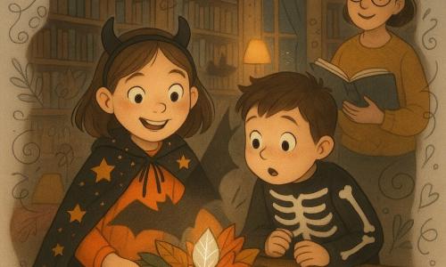Juste, fillette de 9–10 ans en cape orange et noire à étoiles, tient un bouquet de feuilles dont la petite Feuille‑Lune argentée scintille ; Milo, garçon en squelette, la regarde ébahi en serrant sa manche ; la bibliothécaire à lunettes, en pull moutarde, tient un livre ouvert derrière la table dans une grande salle de bibliothèque en bois sombre aux étagères hautes et à la lumière chaude ; Juste pose son bouquet sur la table et la Feuille‑Lune projette sur le mur une ombre de chauve‑souris inachevée tandis que les enfants retiennent leur souffle, créant une ambiance chaleureuse, magique et légèrement mystérieuse.