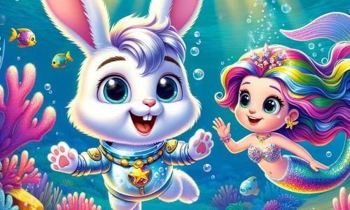 Un jeune lapin nommé Léon, aux grandes oreilles blanches et au pelage doux, nage avec enthousiasme dans des eaux cristallines, souriant d'émerveillement. Il porte un scaphandre en bulles scintillantes et explore un monde sous-marin magique. À ses côtés, une sirène nommée Marina, avec de longs cheveux ondulés aux couleurs de l'arc-en-ciel et une queue de poisson étincelante, l'observe avec bienveillance. Ils évoluent dans une clairière sous-marine ornée de coraux vibrants, tandis que des rayons de lumière créent des motifs scintillants sur le sable. Ils découvrent un coffre ancien en bois, orné de motifs dorés, entourés de créatures marines curieuses, ajoutant une touche de magie à leur aventure.