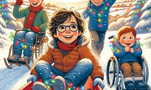 Au centre de l'image, Maxime, un garçon de 10 ans aux cheveux bruns ébouriffés, sourit en tenant un traîneau rouge. À sa gauche, Léo, un garçon de 9 ans avec des cheveux blonds et des lunettes épaisses, lève les bras, prêt à descendre la colline. À droite, Julien, un garçon de 10 ans aux cheveux châtains, s'accroupit pour ajuster son traîneau bleu. Enfin, Hugo, un garçon de 10 ans aux cheveux bruns, assis dans son fauteuil roulant décoré de guirlandes de Noël, sourit à ses amis. Le décor est une colline enneigée, baignée par la lumière dorée du soleil d'hiver, avec des arbres couverts de neige en arrière-plan. Les quatre amis sont prêts pour une course de traîneaux, leurs visages illuminés par l'excitation, tandis qu'une fresque en neige ornée de cœurs et d'étoiles se trouve à leurs pieds.