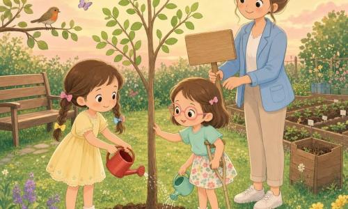 Trois personnages dans le jardin de l’école au crépuscule : Lou, fillette d’environ 5 ans aux nattes et rubans, robe jaune pâle, arrosoir rouge à la main, à gauche du tronc ; Jade, fillette d’environ 5 ans avec lunettes roses et petite béquille appuyée, t‑shirt vert menthe et jupe à fleurs, à droite du tronc, touchant le tronc et regardant Lou ; Madame Florine, enseignante aux cheveux attachés en chignon, veste bleu clair, légèrement en retrait, tenant une pancarte en bois « Ici, chacun fait un geste ». Elles plantent un jeune arbre aux feuilles vert tendre : Lou et Jade arrosent doucement les racines pendant que Madame Florine place la pancarte près du tronc. L’ambiance est chaleureuse et sereine, gestes doux, couleurs lumineuses et textures douces (terre humide, écorce lisse, feuilles fines), ciel pastel avec quelques papillons et un oiseau posé sur une branche basse.