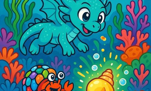 Naya, une petite dragonne des récifs aux écailles turquoise, nage avec enthousiasme dans un jardin sous-marin coloré. Ses yeux expriment curiosité et détermination alors qu'elle explore les algues et les coraux. À ses côtés, Pincegrain, un bernard-l'ermite avec une coquille en verre poli, est prêt à l'aider dans sa quête. Le décor est luxuriant, rempli de coraux, d'algues et de poissons colorés. La scène montre Naya et Pincegrain découvrant une ancienne conque brillante, entourée de bulles, prêts à révéler les secrets du Jardin des Songes.