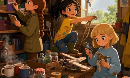 Trois filles de 9 ans dans une vieille cabane de jardin transformée en salle de classe bricolée : Lila, châtain clair en tresse, veste kaki, carnet et crayon, écrit des étiquettes devant une étagère ; Maya, cheveux noirs bouclés en couettes, tee-shirt jaune éclaboussé de peinture, accroupie au centre tendant une corde vers la fenêtre haute ouverte ; Noémie, blonde courte avec frange, pull bleu pâle un peu boueux, à droite tenant une boussole en métal et un oiseau en bois ramassé dans la boue. Elles trient et réparent des objets sous une pluie légère, gestes précis, bottes éclaboussées, bocaux poussiéreux et boîtes sur une table en bois, une maquette penchée, un chocolat chaud fumant dans un coin et un arc-en-ciel discret à travers la fenêtre.