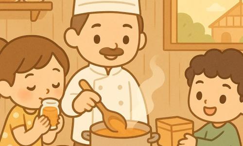 Le chef Simon, souriant et bienveillant, peau claire, cheveux châtain courts et légère moustache, porte une toque et un col blanc et, tenant une grande cuillère en bois, verse de la compote chaude dans des petits pots en verre tandis qu'une vapeur délicate monte; à gauche, Léa (environ 9 ans, queue de cheval brune, robe jaune à pois) sent un pot, mains jointes et émerveillée, et à droite, Timéo (environ 7 ans, cheveux bouclés noirs, pull vert) tend une boîte de biscuits en souriant; la petite cuisine chaleureuse aux murs en bois clair, étagère de bocaux, nappe à carreaux rouges et blancs et fenêtre ouverte sur la halle lointaine baigne dans une lumière dorée de fin d'après‑midi, évoquant un geste de partage tendre et convivial, couleurs chaudes, contrastes doux et formes arrondies.