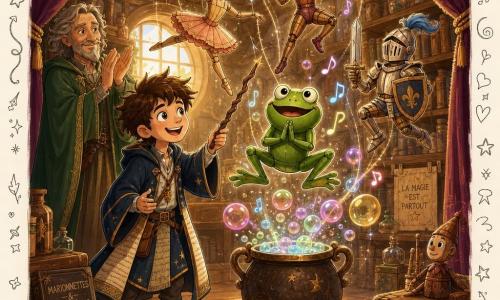 Léo, apprenti sorcier de 10 ans aux cheveux bruns en bataille et robe bleu nuit, sourit émerveillé en tenant une baguette tandis que des marionnettes en bois — dont une grenouille verte sautant au-dessus d’un chaudron aux bulles musicales colorées — voltigent en cercle; Mandragore, professeur d’une cinquantaine d’années au visage ridé et cape verte, applaudit en arrière-plan dans une vieille salle de marionnettes aux poutres en chêne, étagères de flacons et livres, rideaux pourpres et plancher patiné, baignée d’une lumière dorée créant une atmosphère chaleureuse et ensorcelante.