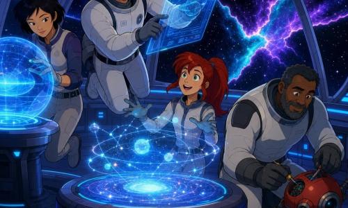 Hugo, ~40 ans, grand, cheveux noirs ébouriffés, regard déterminé, flotte en combinaison blanche et touche un écran holographique bleu avec une main gantée; Li Mei, ~35 ans, cheveux courts noirs, concentrée, ajuste un champ de force lumineux sur une console à gauche; Igor, ~50 ans, corpulent, barbe grisonnante, souriant, répare une sonde robotique rouge au sol à droite; Zoé, ~16 ans, rousse en queue de cheval, yeux fascinés, montre des cartes stellaires holographiques au-dessus de la table centrale. Ils se trouvent dans un laboratoire spatial circulaire aux parois métalliques lisses et grandes baies donnant sur l’espace étoilé, câbles colorés et une énorme fissure lumineuse violette et turquoise — la Brèche Stellaire — visible à l’extérieur; l’équipe étudie la Brèche depuis la station sous des néons et reflets bleus, gestes précis, mêlant émerveillement et tension positive.