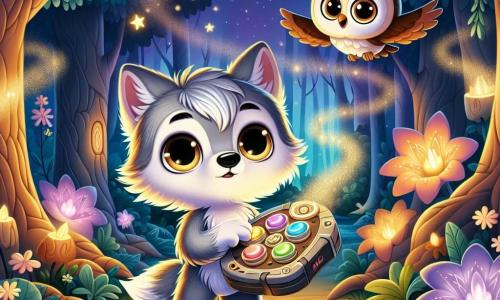 Un petit loup nommé Léo, avec une fourrure douce et soyeuse d’un gris argenté, se tient au centre de l'image, les yeux brillants d'émerveillement, tenant un appareil magique en métal aux boutons colorés. À ses côtés, sa meilleure amie, Mia la chouette, avec des plumes marron et des yeux ronds et curieux, vole légèrement au-dessus de lui, affichant une expression d'excitation. Le décor est une forêt enchantée, avec des arbres larges et des feuilles scintillantes, baignée dans une lumière dorée, où des fleurs géantes aux pétales lumineux dansent au gré du vent. En arrière-plan, des étoiles scintillantes apparaissent dans un ciel crépusculaire, ajoutant une touche de magie. Léo et Mia explorent l'appareil magique, entourés d'un tourbillon de lumière, symbolisant leur voyage vers des mondes fantastiques.
