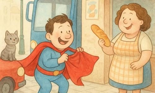 Super Lolo, homme joyeux et un peu gêné au large sourire, porte une cape rouge coincée dans la porte jaune d’un bus bleu et la tire doucement; derrière lui, la boulangère ronde et souriante d’une quarantaine d’années en tablier à carreaux tient un petit pain doré qui saute; à gauche, un chaton gris tigré perché sur le capot d’une voiture rouge regarde la scène en remuant la queue pendant que des pigeons blancs picorent près d’un banc; rue animée avec vitrine à croissants, lampadaire vert et affiches; ambiance comique et douce, formes rondes, couleurs chaudes et pastels, contours fins et touches d’aquarelle.