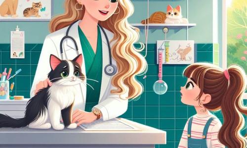 Le docteur Marie, vétérinaire souriante d'une trentaine d'années avec des cheveux blonds longs et ondulés, porte une blouse blanche et un stéthoscope. Elle examine Minet, un chat noir et blanc, qui semble inquiet mais curieux sur une table d'examen. À ses côtés, Gigi, une petite fille de huit ans aux longs cheveux bruns en couettes, observe le docteur avec des yeux pleins d'inquiétude et d'espoir, tenant un carnet de dessins d'animaux. La scène se déroule dans une clinique vétérinaire lumineuse aux murs verts pastel, ornée d'affiches colorées et de jouets pour animaux. Le docteur rassure Gigi tout en s'occupant de Minet, créant un moment d'apprentissage et de tendresse.