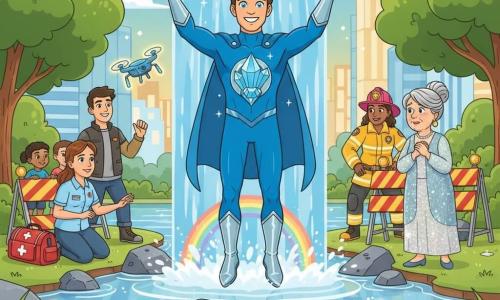 Un homme — l’Éclair d’Azur — apparaît courageux et soulagé, sourire aux lèvres, yeux bleu électrique, costume bleu ajusté, bottes argentées, cape flottante, cheveux bruns en bataille, tenant un cristal lumineux bleu en émergeant d’une cascade cristalline; la Dame Cristaline, ~60 ans, émue et reconnaissante, robe scintillante pâle, cheveux gris en chignon, se tient sur la berge à droite, mains contre la poitrine serrant le cristal; Lara, 30–35 ans, au visage calme, tenue médicale avec sac de secours rouge, est à gauche à genoux près d’enfants protégés derrière une barrière en regardant l’Éclair d’Azur; Hugo, ~25 ans, jeune pilote souriant en veste technique avec lunettes, fait voler deux petits drones lumineux au-dessus de la scène derrière Lara; Zoé, ~35 ans, pompier énergique en casque rose fluo et veste jaune à bandes réfléchissantes, installe des barrières de sécurité à droite derrière la Dame Cristaline; décor : parc urbain au bord d’un fleuve à chutes cristallines, eau transparente reflétant des arcs‑en‑ciel, rochers scintillants comme du verre, arbres verts vifs, gratte‑ciel lumineux au loin sous un ciel bleu doré; scène principale : l’Éclair d’Azur sort triomphant de la cascade avec le cristal étincelant, l’équipe rassemblée sur les rives, ambiance lumineuse, dynamique, couleurs vives, style vectoriel simple et joyeux, lisible pour enfants.