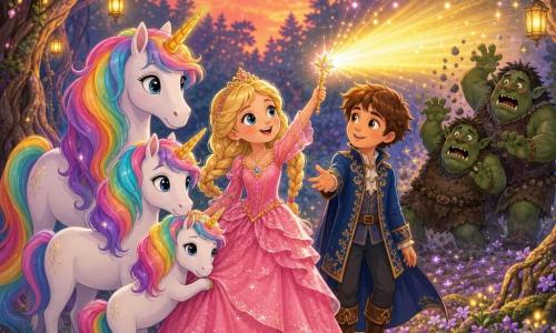 La princesse au centre, courageuse et souriante, cheveux blonds en tresses, robe rose à volants, lève une baguette qui projette un rayon de lumière dorée; le prince Émeric (environ 12 ans), châtains courts, veste bleue brodée, se tient protecteur derrière elle la main tendue; trois licornes blanches aux crinières arc‑en‑ciel se rassemblent près d'eux, une jeune appuyée contre la robe; deux trolls verts, sombres et maladroits, sont repoussés par la lumière; la clairière de forêt enchantée, sol de fleurs violettes et mousse, arbres aux troncs torsadés et lanternes, ciel crépusculaire rose‑orangé; scène rassurante et magique, style illustration vectorielle simple, couleurs vives, contours nets, textures douces pour album jeunesse.