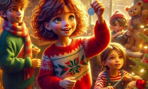 Céline, une fille de 11 ans aux cheveux châtains bouclés et aux yeux pétillants, se tient au centre de la scène avec un grand sourire. Elle porte un pull rouge à motifs de flocons de neige et un bonnet en laine, tenant un médaillon en argent. À ses côtés, Tom, un garçon de 11 ans au sourire malicieux et aux cheveux bruns en bataille, rit en tenant une guirlande colorée. Il porte un pull vert et une écharpe rayée. Derrière eux, Sophie, une petite fille de 10 ans aux cheveux blonds et aux taches de rousseur, observe avec impatience, les bras croisés, portant une robe à carreaux et des collants rouges. La scène se déroule dans un orphelinat chaleureux, décoré pour Noël, avec un grand sapin illuminé. Céline et ses amis préparent une fête de Noël, remplie de rires et de chants, créant une atmosphère magique.