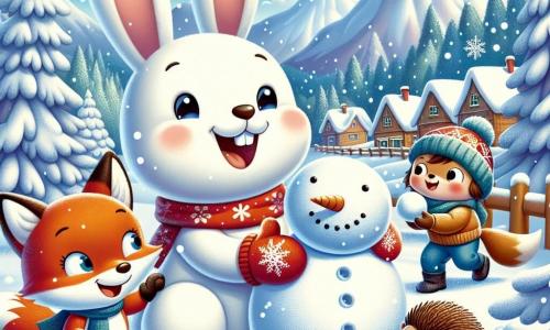 Lucas, un petit lapin blanc aux grandes oreilles et au sourire joyeux, construit un bonhomme de neige, ses gants rouges ornés de flocons accrochés à son cou. À ses côtés, Mia la renarde au pelage roux rit en lançant une boule de neige, tandis que Tim le hérisson, concentré, roule une boule de neige plus grosse. La scène se déroule dans un village enneigé, entouré de montagnes majestueuses sous un ciel bleu clair et des sapins chargés de neige scintillante. Les amis s'amusent ensemble, créant un bonhomme de neige géant, avec des flocons tombant doucement autour d'eux.