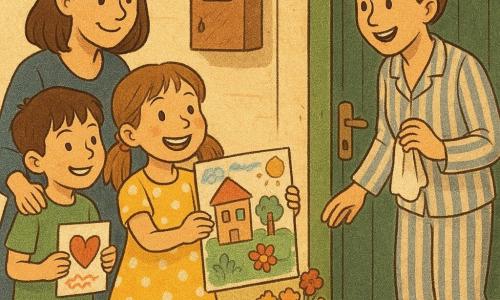 Léa, 8 ans, souriante et émue, couettes châtain clair, robe jaune à pois blancs, tient un grand dessin et tend les deux mains vers la porte; Max, 8 ans, cheveux bruns courts, t-shirt vert, se tient à côté en souriant, tenant une carte faite à la main et regardant Léa; Madame Dupont, maîtresse d’école (30–40 ans) en robe bleue sobre, se tient légèrement derrière avec la main sur l’épaule de Léa et un regard bienveillant; la maman de Sarah (≈35 ans, cheveux attachés) ouvre la porte en souriant; Sarah, 8 ans, apparaît à demi dans l’encadrement, pyjama rayé, tenant un mouchoir, émue et surprise; maison à porte en bois peint en vert, petite terrasse pavée avec pots de fleurs et boîte aux lettres rouillée, lumière douce de fin d’après-midi, ambiance chaleureuse aux couleurs chaudes et style aux traits simples et contours légèrement texturés rappelant une impression sur papier journal.