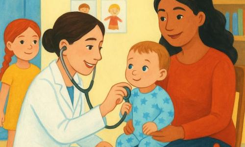 Une médecin souriante à la peau claire, cheveux bruns en chignon, en blouse blanche aux poches colorées, accroupie devant un bébé d'environ 1 an (Adam) aux cheveux châtain clair, assis sur les genoux de sa maman, tient un stéthoscope et tend l'écouteur pendant que le bébé écoute son cœur. La maman, environ 30 ans, peau mate, cheveux noirs lâchés, assise derrière lui, le maintient et regarde la docteure avec un sourire rassuré. À gauche, une petite fille d'environ 5 ans (Maëlle) avec une tresse rouge et un pansement au genou se tient près de la porte, tenant la main de son père hors champ, regard fier et curieux. Scène dans une salle d'attente de PMI lumineuse aux murs pastel, affiches d'enfants en mosaïque, petite table avec jouets en bois et étagères de livres ; ambiance chaleureuse et rassurante, lumière matinale douce, textures peintes et couleurs gaies.