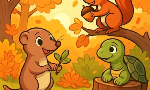 Dans un jardin automnal coloré, Lila, une musaraigne au pelage brun, se tient debout sur ses pattes arrière, souriante et tenant une pousse verte pleine d'espoir. À côté d'elle, Filou, un écureuil roux, grimpe sur une branche avec une noisette, prêt à partager. Plus loin, Mimo, une tortue sage, observe la scène depuis un vieux tronc, souriante. Le jardin est rempli de feuilles dorées, rouges et oranges, sous un doux soleil d'automne. Lila et ses amis plantent des graines pour préparer le jardin à l'hiver, partageant un moment de joie et de camaraderie.
