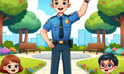Monsieur Léon est un policier joyeux, grand, avec un large sourire et une casquette bleue. Il porte un uniforme bleu impeccable et se tient dans un parc, les bras ouverts, prêt à partager son enthousiasme avec les enfants. Ses yeux pétillent de bonheur. Un groupe d'enfants l'entoure, dont une petite fille aux cheveux frisés, âgée d'environ 7 ans, qui porte une robe colorée et sourit avec émerveillement, et un petit garçon aux lunettes rouges, âgé de 8 ans, qui l'écoute attentivement. Le parc est verdoyant, avec des arbres majestueux et des fleurs colorées, sous un ciel bleu parsemé de nuages. Monsieur Léon explique aux enfants l'importance de son métier, les encourageant à poser des questions sur la justice et l'entraide. L'atmosphère est joyeuse et pleine d'énergie.