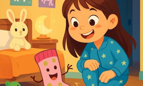 Zoé, une fille de 8 ans aux longs cheveux bruns et aux yeux curieux, est accroupie près de son lit avec un grand sourire, ses joues rosies par l'excitation. Elle porte un pyjama bleu à étoiles et tient une chaussette rose à pois verts qui danse joyeusement devant elle. La chaussette, souriante et animée, effectue des pirouettes sur le sol en bois, entourée de peluches colorées, dont un doudou lapin aux grandes oreilles blanches qui l'observe. La chambre de Zoé est chaleureuse, avec des murs jaunes pastel, des posters de licornes et des jouets sur le tapis moelleux, éclairée par une lampe en forme de lune. La scène montre Zoé et la chaussette dans une danse joyeuse, tandis qu'un bruit mystérieux résonne dans le couloir, ajoutant du suspense.