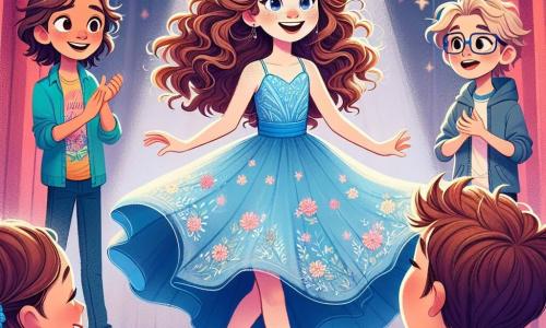 Célia, une fille de 12 ans, se tient sur scène, rayonnante dans sa jolie robe bleue. Ses cheveux châtains bouclés flottent tandis qu'elle danse avec grâce, un grand sourire aux lèvres. À proximité, Mia, également âgée de 12 ans, applaudit avec enthousiasme, vêtue d'un t-shirt coloré et d'un pantalon confortable. Lucas, un garçon de 12 ans aux lunettes et cheveux en bataille, se tient derrière elle, souriant et levant les pouces en signe d'encouragement. La scène se déroule dans une salle de spectacle animée, avec des lumières vives et des rideaux rouges, où le public applaudit joyeusement. Célia danse avec passion, surmontant ses doutes, dans un moment de triomphe et de confiance en soi.