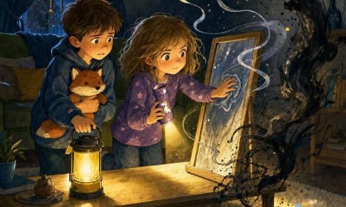 Une fillette de 8 ans, visage rond et taches de rousseur, cheveux châtain clair en bataille, yeux brillants, tient une petite lampe licorne et frotte un miroir avec un chiffon humide tandis que son frère Noé, 9 ans, cheveux bruns courts, inquiet mais courageux, serre un doudou-renard et pose une lampe de camping jaune sur la table; des « Murmures » apparaissent comme fines bandes argentées et filaments de brume sombre frémissant près du miroir et glissant vers sa surface; salon nocturne sobre — tapis crème, canapé vert olive, grand miroir encadré près de l’entrée, rideaux foncés laissant filtrer une lueur de rue — atmosphère mystérieuse mais rassurante, forts contrastes d’encre noire et taches chaudes de jaune.