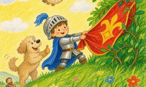 Petit chevalier d'environ 6 ans au visage rond et cheveux bruns, casque un peu grand et cape bleue flottante, sourire fier tirant doucement une grande bannière rouge accrochée dans un buisson ; à sa gauche un chien beige pelucheux remuant la queue, une petite chouette crème tachetée volant juste au-dessus pour indiquer le chemin ; au loin en bas de la colline, le roi d'une quarantaine d'années en robe simple applaudit doucement ; sommet d'une colline verte à herbe haute et fleurs éparses, ciel jaune pâle parsemé de nuages, bannière rouge avec motif jaune coincée dans un buisson aux branches amicales, ambiance calme et joyeuse, lumière douce, couleurs vives, traits de crayon visibles et texture papier.