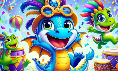 Pipo, un petit dragon bleu à la grande queue douce et aux ailes brillantes, saute joyeusement au milieu d'une foule colorée, son visage rayonnant de bonheur. Il porte un chapeau à plumes et des lunettes rondes rouges, et tape des mains en riant. À ses côtés, Zaza, une grenouille verte avec un masque doré et une cape bleue, saute haut, sourire éclatant. Loulou, un lézard orange, danse avec entrain, ses yeux pétillants de gaieté. L'île vibrante est décorée de guirlandes colorées, de tambours brillants et de confettis. Des ballons flottent au-dessus de la scène festive, et des étoiles scintillent dans le ciel. Pipo et ses amis dansent et célèbrent ensemble au carnaval, créant une atmosphère joyeuse et magique.
