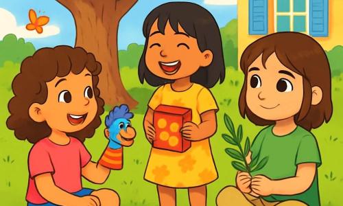 Trois personnages sont présents : Léa, une fille de 7 ans aux cheveux bruns et bouclés, en t-shirt rose et short bleu, assise sur l'herbe avec une marionnette colorée ; Noor, également âgée de 7 ans, avec des cheveux noirs et lisses, portant une robe jaune à fleurs, debout à côté de Léa, riant avec une boîte de biscuits ; et Samia, avec des cheveux châtains et des yeux pétillants, vêtue d'un t-shirt vert et d'un pantalon beige, assise en face d'elles, tenant une branche d'olivier. La scène se déroule dans un jardin ensoleillé, rempli de fleurs et d'un grand olivier, avec une maison aux murs jaunes et volets bleus en arrière-plan. Les filles partagent des rires et des biscuits, discutant de la paix et de l'amitié, tandis que Samia montre la branche d'olivier, symbole d'espoir.
