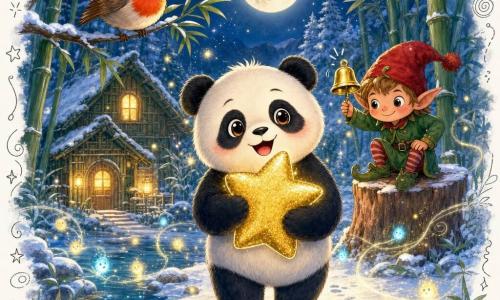 Pipo le panda : jeune panda rond à la fourrure noire et blanche, expression joyeuse, tient contre sa poitrine un coussin étoile doré scintillant, debout au centre d’une clairière enneigée. Le lutin farceur : petit lutin espiègle en veste verte et bonnet rouge à pompon, sourire malicieux, tient une clochette dorée, perché sur une souche derrière et à droite de Pipo. Coco le rouge-gorge : oiseau rouge et orange vif, posé sur une branche à gauche au-dessus de Pipo, en train de chanter. Feux follets : petits points de lumière jaune et bleu qui dansent au ras de la rivière. Lieu : clairière enneigée au cœur d’une forêt de bambous et de sapins, lune pleine brillante, lucioles flottantes, maison en bambou cosy en arrière-plan à gauche, sol couvert de neige scintillante et d’empreintes minuscules. Situation : moment magique et chaleureux où Pipo, ayant résolu l’énigme, reçoit le coussin étoile du lutin; ambiance nocturne douce, contrastes de couleurs chaudes et bleu nuit, éclairage doux et scintillant, texture aquarelle légère, composition centrée et style enfantin, expressif et tendre.