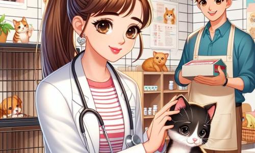 Claire, vétérinaire d'environ 30 ans, a des cheveux châtains en queue de cheval, une blouse blanche et un stéthoscope. Elle s'agenouille près d'un chaton noir, lui offrant des caresses réconfortantes. À ses côtés, Hugo, un jeune homme de 25 ans avec des cheveux en bataille et un sourire, tient une boîte de médicaments, prêt à aider. En arrière-plan, une clinique vétérinaire chaleureuse est décorée de posters d'animaux et de jouets colorés, avec des animaux curieux dans des cages. Claire prodigue des soins au chaton, tandis qu'Hugo se prépare à l'assister, illustrant l'amour et la compassion entre vétérinaires et animaux.