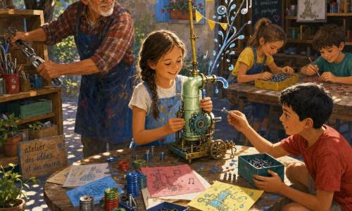 Lena, une fille d'environ 10 ans, est assise au centre, concentrée et souriante, tresse brune, salopette bleu ciel tachée de peinture, tenant une pompe en métal vert pâle tandis que son grand‑père d'environ 70 ans, lunettes rondes et chemise à carreaux, veille à gauche près d'une étagère d'outils; Samir, environ 11 ans, accroupi à droite en t‑shirt rouge, lui passe des vis depuis une boîte ouverte; en arrière‑plan Lila et Jules (~9 ans) rangent et peignent des pièces; scène en extérieur ensoleillée autour d'une table en bois avec piles de pièces colorées, boîtes et étagères, un pommier projetant des ombres — atelier collaboratif joyeux où ils assemblent une petite machine d'arrosage décorée de gouttes lumineuses et de drapeaux, ambiance chaleureuse, couleurs vives et textures visibles.