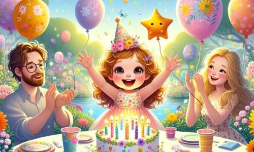 Une petite fille de 1 an, Lili, avec de grands yeux pétillants et des cheveux bouclés châtains, porte un chapeau d'anniversaire coloré et sourit avec joie devant un gâteau décoré de bougies. À côté d'elle, son papa, un homme d'environ 30 ans avec une barbe brune et des lunettes, tient un ballon en forme d'étoile. Sa maman, une femme d'environ 28 ans avec de longs cheveux blonds et une robe fleurie, prend une photo. La scène se déroule dans un jardin ensoleillé, rempli de fleurs colorées et de ballons, alors que Lili souffle les bougies de son gâteau, entourée de sa famille dans une atmosphère festive.