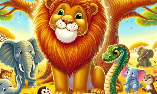 Un lion majestueux, Simba, se tient au centre de la scène, sa crinière flamboyante scintillant, avec un regard fier et bienveillant, souriant aux autres animaux. À ses côtés, un serpent aux écailles brillantes, Sly, se faufile avec une expression malicieuse, prêt à jouer un tour, mais hésitant. La scène se déroule sous un grand baobab aux branches étendues, orné de fleurs colorées, avec un sol parsemé de feuilles dorées et de fruits juteux. Les animaux de la savane, tels que des éléphants et des singes, dansent autour d'eux, créant une atmosphère festive. Simba célèbre son anniversaire entouré de ses amis, tandis que Sly se prépare à faire une blague, ajoutant une touche de mystère à cette fête.