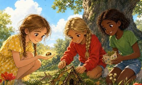 Trois filles d'environ 9 ans — une aux cheveux châtain clair en deux nattes, robe jaune à pois, accroupie à gauche tenant une petite coccinelle dorée ; une brune aux cheveux courts en t‑shirt vert et short en jean, à droite, souriante avec une mini-boîte décorée de fleurs ; une blonde en tresse, sweat rouge, au centre posant une petite maison de feuilles et brindilles sur l'herbe — dans un parc ensoleillé avec un grand chêne en arrière‑plan, herbe verte, mousse et tapis de feuilles, quelques fleurs sauvages et ciel bleu ; la coccinelle brille doucement au centre, ailes mi‑déployées, dégageant une lueur chaleureuse, ambiance d'émerveillement, traits d'encre nets et lavis de couleurs douces.