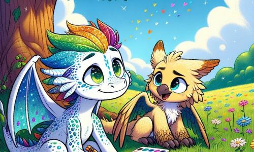 Léon, un petit dragon aux écailles colorées, est assis sous un grand arbre, avec une expression mélancolique et pleine d'espoir. Ses yeux brillants regardent un carnet ouvert sur ses genoux où il dessine des émotions. À côté de lui, Camille, une griffonne aux plumes dorées, lui sourit en tenant un crayon, pleine d'énergie et prête à partager ses dessins. Ils se trouvent dans un champ verdoyant sous un ciel bleu avec des fleurs colorées, créant une atmosphère paisible. Cette scène illustre leur amitié et leur soutien mutuel alors qu'ils explorent les émotions liées à la séparation de Léon avec ses parents.
