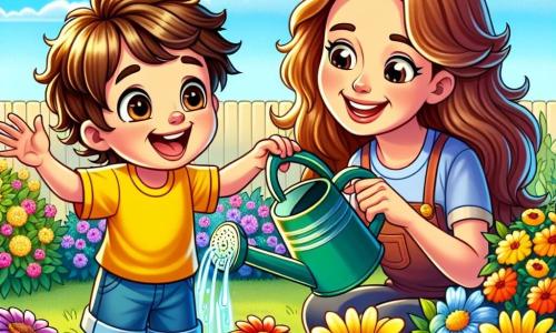 Un petit garçon de 6 ans, Lucas, arrose des fleurs colorées dans son jardin. Il porte un t-shirt jaune et un short bleu, et ses yeux brillent de joie. À ses côtés, sa maman sourit en tenant un arrosoir, l'encourageant avec tendresse. Le jardin est rempli de fleurs éclatantes et de papillons, sous un ciel bleu clair. Lucas arrose les fleurs, montrant son désir de les aider à être heureuses et en bonne santé, tout en apprenant l'importance de prendre soin de la planète.