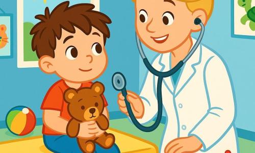 Un petit garçon de 4 ans, Maxime, aux cheveux bruns en bataille et aux yeux pétillants, est assis sur une table d'examen dans un cabinet médical. Il a une expression curieuse et un peu nerveuse, tenant sa peluche, un ours nommé Léo. À côté de lui, une doctoresse souriante, avec des cheveux blonds en chignon et une blouse blanche, se penche vers lui pour le rassurer. Le cabinet est lumineux et accueillant, avec des murs bleu clair décorés de dessins d'animaux et de jouets colorés. Maxime est prêt à recevoir une petite piqûre, tandis que la doctoresse lui explique calmement la procédure, créant une atmosphère de confiance.