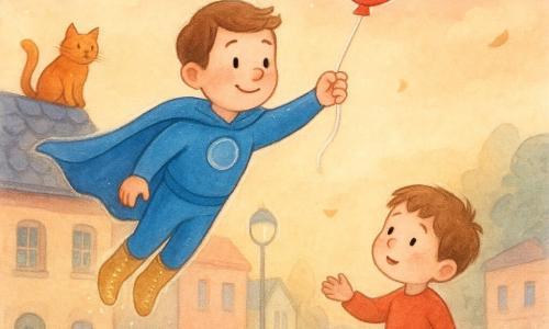 Turbo-Léo, souriant et rassuré, cape bleu vif flottant et bottes scintillantes, en pleine course aérienne bras tendu pour attraper la ficelle d’un ballon rouge au-dessus d’une rue calme aux façades pastel ; en bas à droite Tom, environ 4 ans, joues roses et cheveux châtains courts, regarde le ballon avec émerveillement et soulagement, main vide ; un petit chat roux poilu perché sur un toit en ardoise à gauche observe la scène, oreilles dressées, queue enroulée ; atmosphère chaleureuse et sécurisante au coucher de soleil, mouvement léger et dynamique, traits simples et arrondis, palette pastel avec reflets au stylo gel blanc.