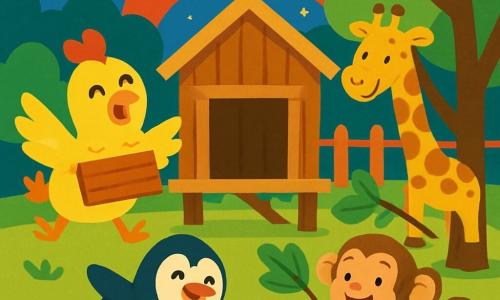 Paulette la poule, avec son plumage doré et ses yeux pétillants, saute avec enthousiasme au centre de la scène, tenant une planche de bois. À côté, Boubou le pingouin glisse joyeusement, un sourire sur le visage. Lili la girafe se penche pour ramasser des feuilles pour la cabane, tandis que Max le singe grimpe dans un arbre pour chercher des branches. La scène se déroule dans un zoo coloré, sous un ciel étoilé, avec une grande cabane en bois en construction, entourée de rires. Les animaux s’amusent à rassembler des matériaux pour créer leur cabane géante, remplis d’excitation et d’amitié.