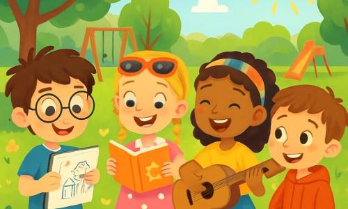 Il y a 4 enfants : Léo, un garçon de 8 ans avec des cheveux bruns en bataille et des lunettes rondes, portant un t-shirt bleu et un short vert, tenant un carnet de dessin ; Emma, une fille de 7 ans avec des cheveux blonds tressés et des lunettes de soleil, vêtue d'une robe rose à pois, lisant un livre avec un sourire ; Sarah, une fille de 8 ans aux cheveux bouclés avec un bandeau coloré, habillée d'un t-shirt jaune et d'une jupe bleue, jouant de la guitare ; et Maxime, un garçon de 7 ans avec des cheveux châtains et des taches de rousseur, portant un sweat à capuche rouge et un jean, souriant timidement. Les enfants sont dans un parc ensoleillé, entourés d'arbres et de fleurs, et se tiennent en cercle, riant ensemble. Léo montre son carnet à Maxime, Emma lit une histoire amusante, Sarah joue une mélodie joyeuse, et Maxime se sent inclus et heureux.
