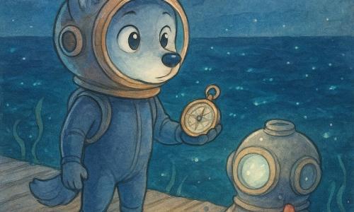 Petit loup anthropomorphe au pelage gris bleuté, yeux grands et curieux, visage à la fois déterminé et émerveillé, en combinaison de plongée et casque rond brillant, tenant une boussole en cuivre et regardant une mer nocturne phosphorescente depuis une jetée en bois usée ; à ses côtés le casque animé « Murmure », ancien avec reflets argentés et petite vitre lumineuse, et une étoile de mer corail souriante accrochée à la cale ; il s'apprête à plonger pour chercher une cloche magique, ambiance d'aventure calme aux contrastes d'ombres profondes et lueurs marines, palette aquarelle pastel rehaussée de touches lumineuses.