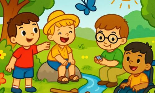 Quatre enfants jouent dans un jardin luxuriant. Léo, 6 ans, cheveux bruns, t-shirt rouge, sourit en pointant un papillon. Max, 5 ans, cheveux blonds, chapeau de paille, riant sur une pierre. Tom, 6 ans, cheveux châtains, lunettes, examine un caillou brillant. Sam, 5 ans, cheveux noirs, souriant dans sa chaise roulante, admire le ruisseau. Ils construisent un pont avec des bâtons pour traverser le ruisseau, entourés de rires et d'un papillon bleu.