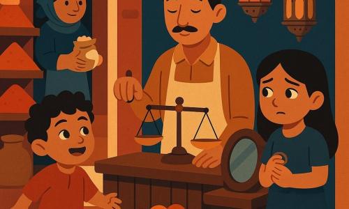 Nadir, visage serein et moustache fine, porte une tunique ocre et un tablier en lin; protecteur, il pose une petite balance en laiton et un miroir ovale sur le comptoir en bois en regardant doucement Lina, une fillette d’environ 9 ans aux cheveux noirs lisses et sandales usées, inquiète mais soulagée, qui serre un anneau de cuivre à sa droite. Safiya, la boulangère d’environ 35 ans aux joues rondes et mains farineuses, coiffée d’un foulard bleu, attend dans l’arrière-boutique prête à ouvrir une porte cachée en tenant un petit sac de farine. Au fond, Sami, un garçon de 5 ans aux cheveux bouclés, s’approche joyeusement depuis l’entrée. La boutique compacte du souk présente des étagères en bois garnies d’épices ocres et rouges, des paniers d’oranges, des lanternes en métal patiné suspendues au plafond; une lumière douce filtre par une petite ouverture, créant une ambiance chaleureuse mais tendue, aux couleurs chaudes (ocre, brique, bleu profond) et aux contours nets.