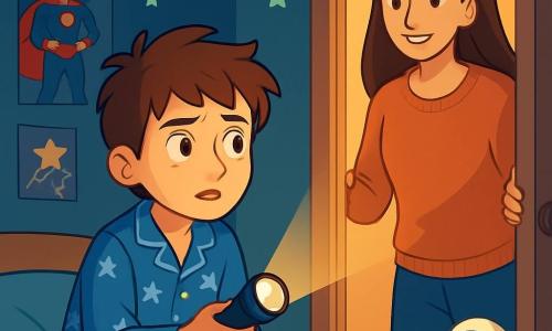 Un garçon de 12 ans, Lucas, aux cheveux châtains en bataille et aux yeux inquiets, est assis sur son lit en pyjama bleu avec des étoiles blanches. Son visage montre une légère peur mêlée de détermination, tandis qu'il tient une lampe de poche éclairant timidement sa chambre. Sa maman, une femme d’environ 35 ans aux cheveux longs et bruns, se tient à la porte, souriante et prête à le rassurer. La chambre est décorée de posters de super-héros, de dessins au mur, avec des étoiles phosphorescentes au plafond et une veilleuse en forme d'astronaute projetant une lumière douce. Lucas explore son environnement avec curiosité, illuminant les ombres autour de lui.