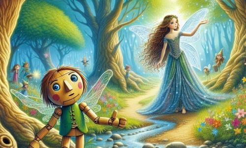 Pinocchio, un petit pantin en bois aux yeux pétillants et au sourire malicieux, se tient au centre d'une clairière enchantée, avec un visage inquiet. À ses côtés, la Fée Bleue, une jeune femme flottant gracieusement, porte une robe scintillante aux teintes de bleu et d'argent et lève une main pour apaiser Pinocchio. La clairière, entourée de grands arbres aux troncs noueux et de fleurs colorées, est traversée par un ruisseau asséché. Pinocchio, inquiet et déterminé, se penche vers la Fée Bleue, prêt à écouter son appel à l'aide pour sauver la forêt malade.